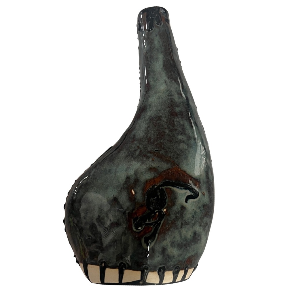 Studio Pottery Abstract Asymmetrical Glazed Ceramic Vase Teal Black Earthy Tone